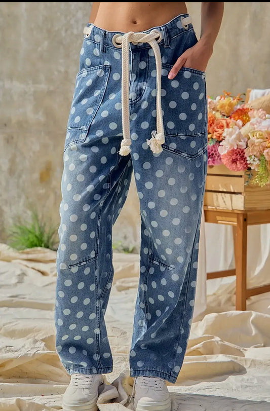 Polka Dot Print Denim Pants With Waist Belt