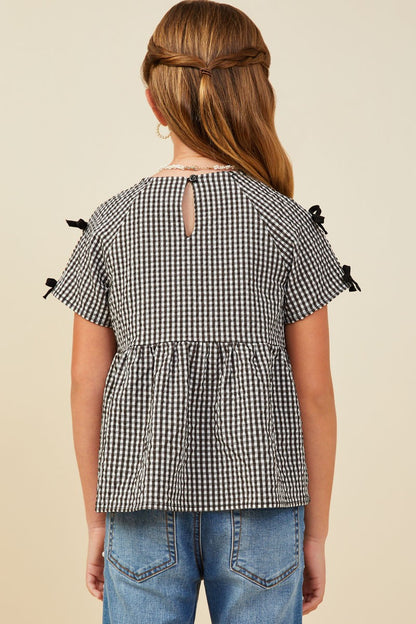 Girls Contrast Ribbon Blue Gingham Babydoll Top