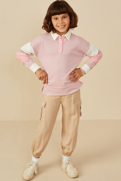 Girls Mixed Media Print Blocked Knit Rugby Shirt