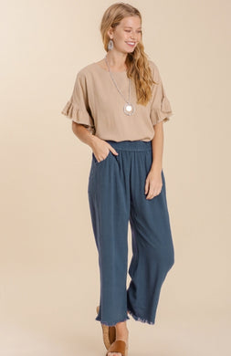 Denim Blue Linen Wide Leg Pants