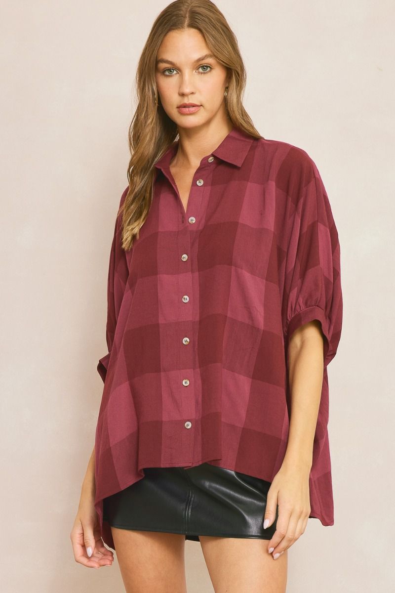 Oversized Button Up Plaid Short Sleeve Top
