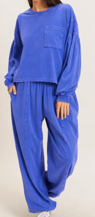 Mineral Wash Puff Sleeve Boxy Top w/ Jogger Pants Set