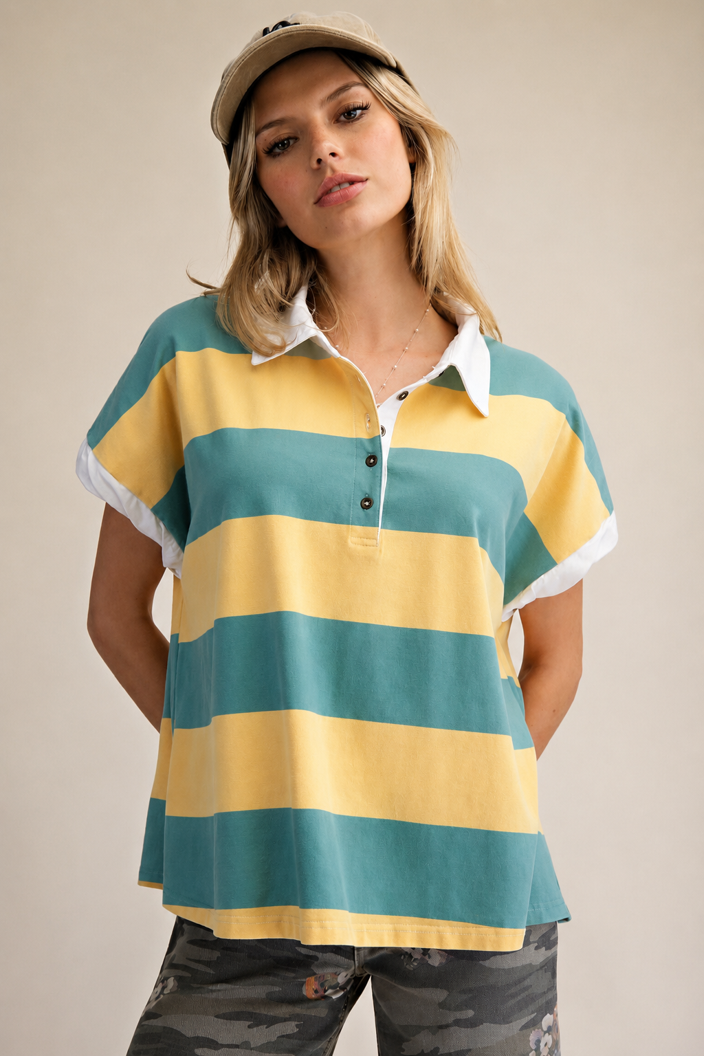 Rugby Stripe Washed Henley Top