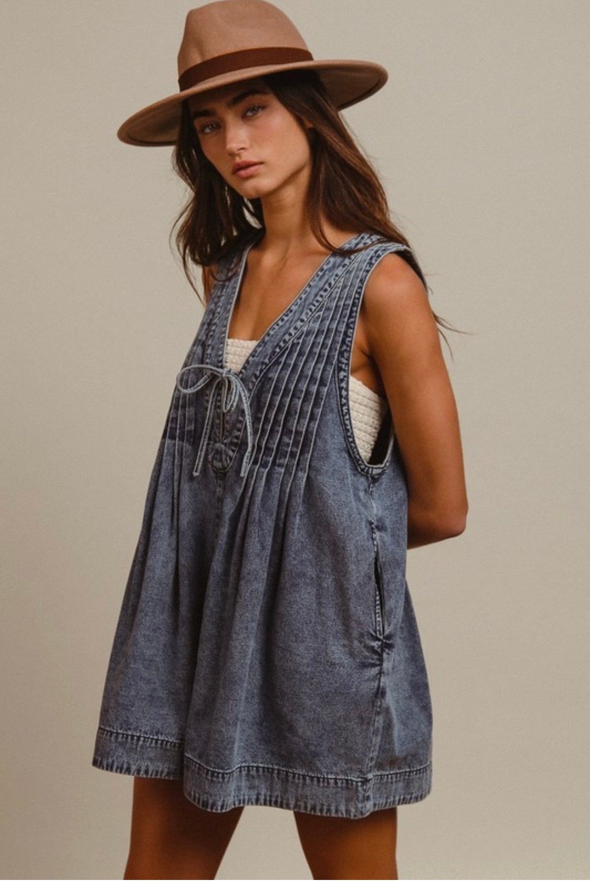 Mineral Washed Pintuck Romper w/ Side Pocket