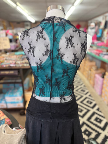 High Neckline Mesh Lace Sleeveless Top