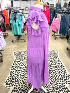 Lavender Split Neck Short Ruffle Sleeve Tiered Midi Dress