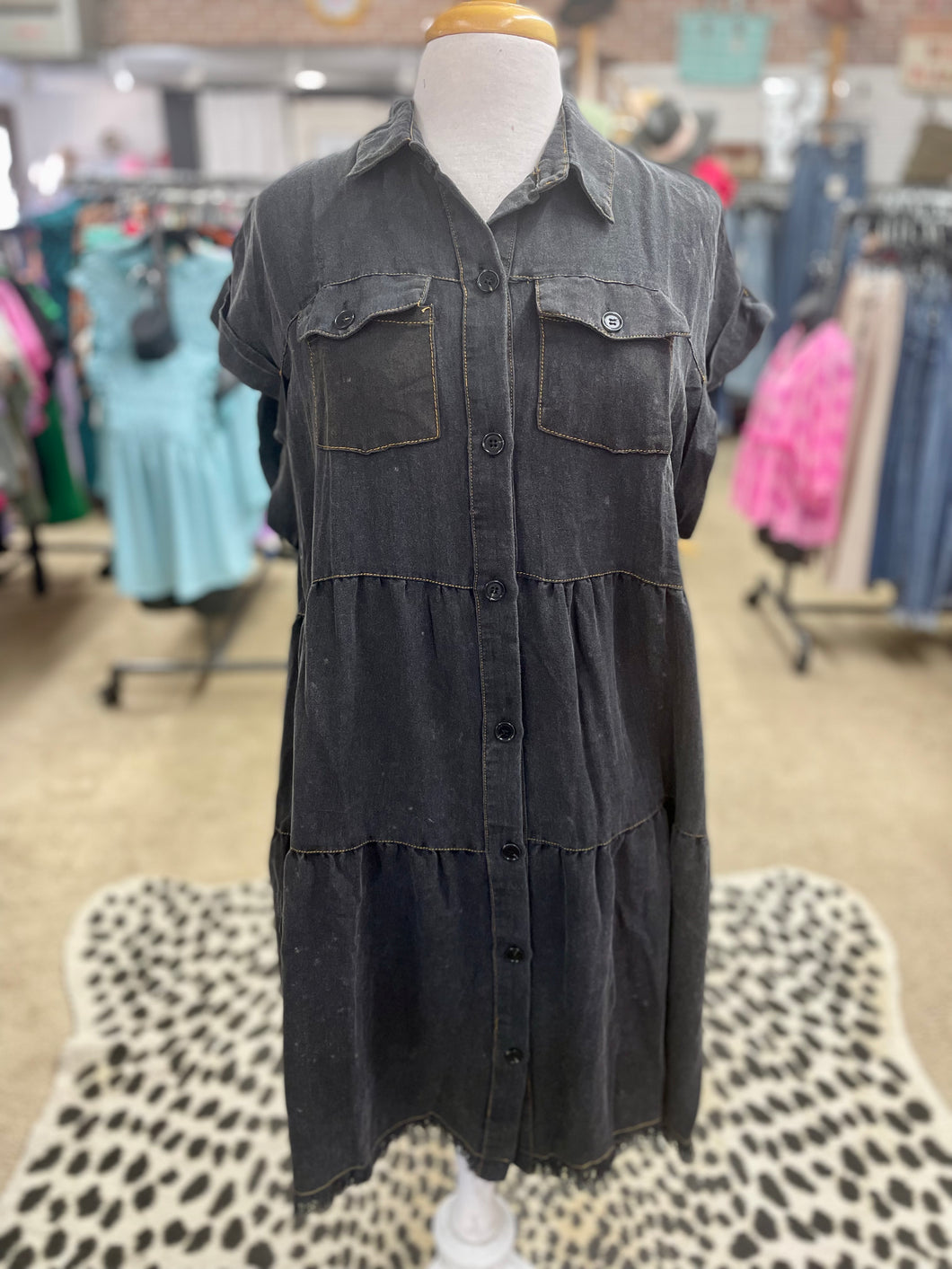 Plus Faded Black Tiered Button Up Dress