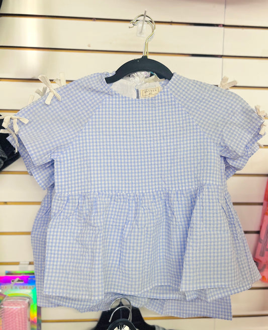 Girls Contrast Ribbon Blue Gingham Babydoll Top