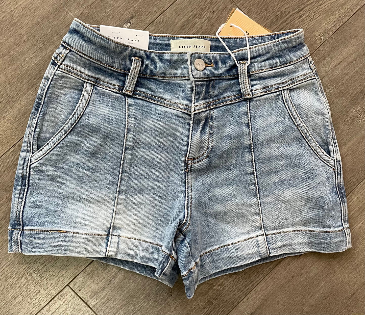 Mid Rise Light Wash Denim Shorts by Risen