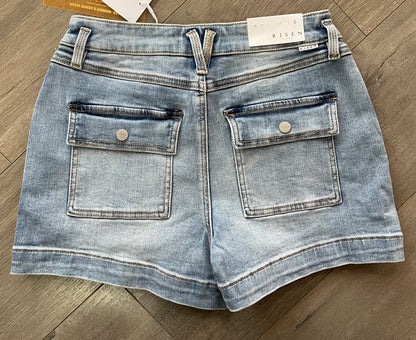 Mid Rise Light Wash Denim Shorts by Risen
