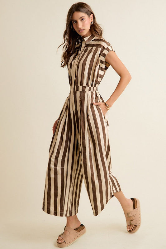 Sleeveless Wide Leg Wide Stripe Jumpsuit