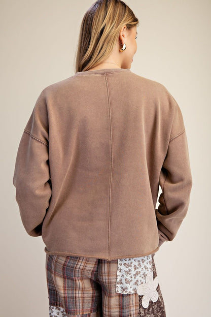 Floral Patch Front Washed Terry Pullover