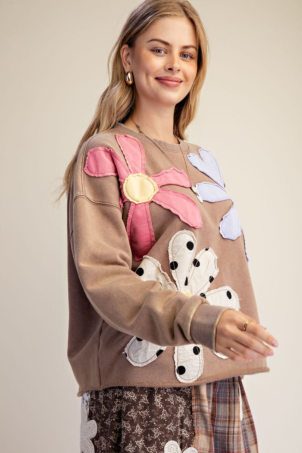 Floral Patch Front Washed Terry Pullover