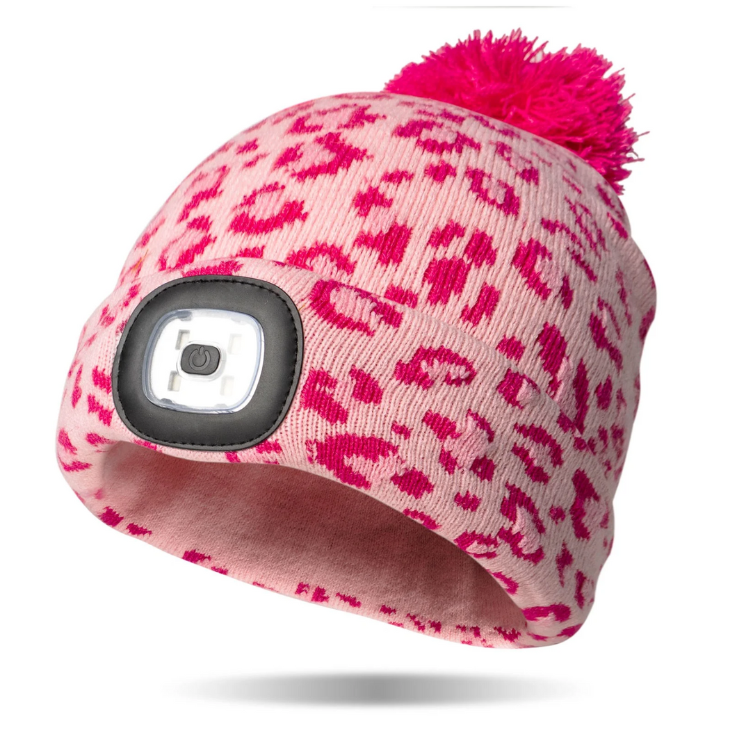 Kids Pink Leopard Rechargeable LED Beanie