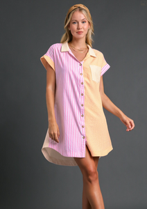 Mixed Colorblock Stripe Button Down Dress with Chest Pocket