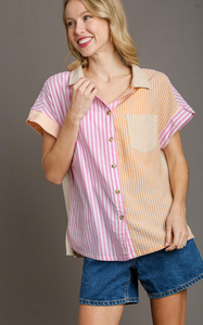 Mixed Colorblock Stripe Button Down Top with Chest Pocket