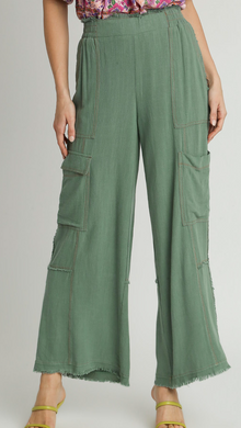 Oatmeal Linen Cargo Pants with Fray Side Pockets, Elastic Waistband & Contrast Stitch Details