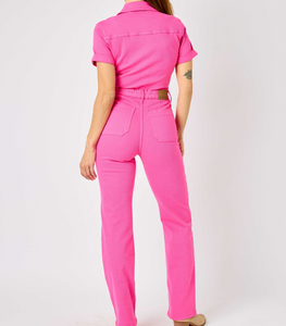 Hot Pink High Waist Garment Dyed Short Sleeve Jumpsuit