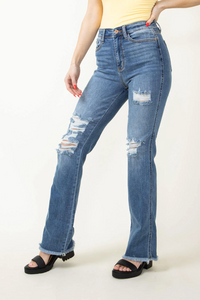 High Waist Fray Hem Bootcut Denim Judy Blue Jeans