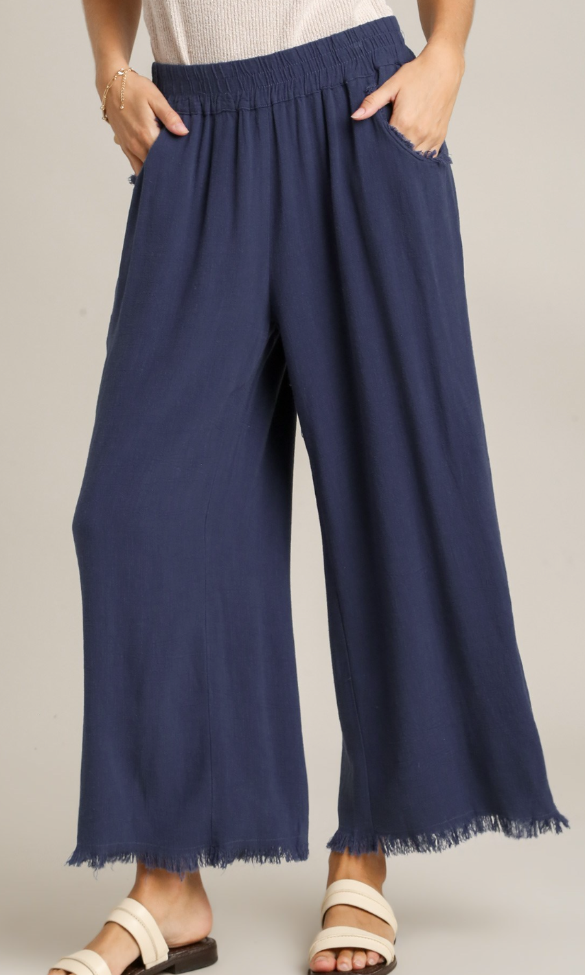 Navy Linen Wide Leg Pants