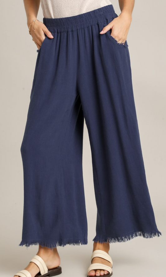 Navy Linen Wide Leg Pants