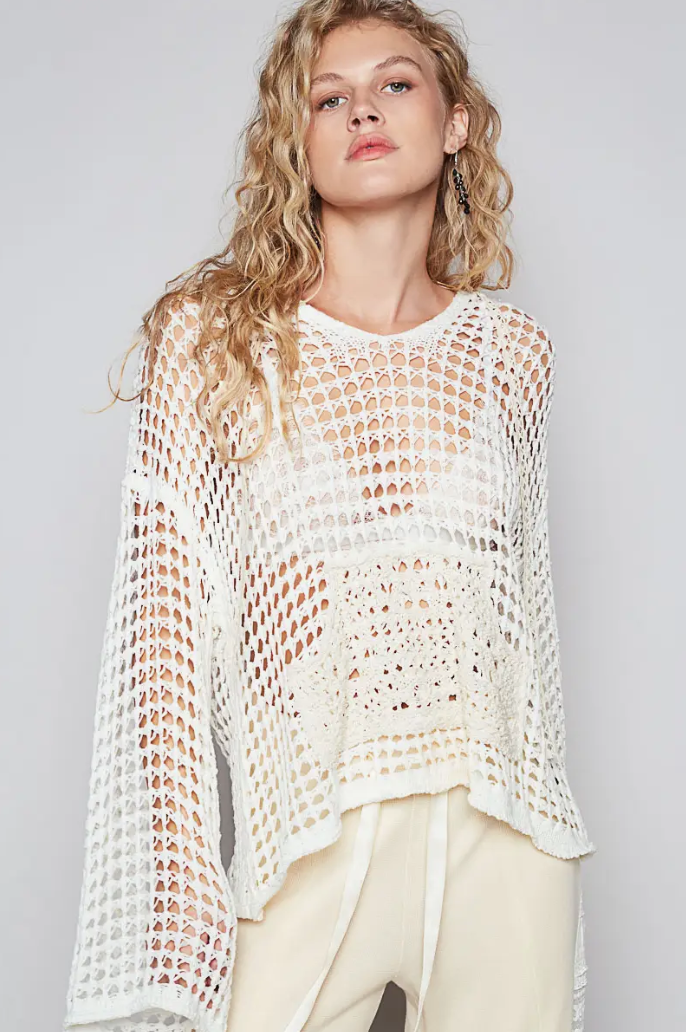 V-Neck Long Sleeve Crochet Front Pockets Hoodie Sweater