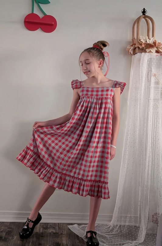 Cotton Red Checked Ruffled Sleeve Dress