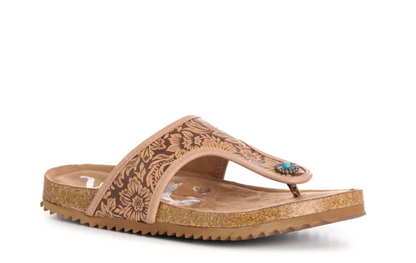 Brown and Tan Embossed Faux Leather Sandals