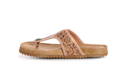 Brown and Tan Embossed Faux Leather Sandals