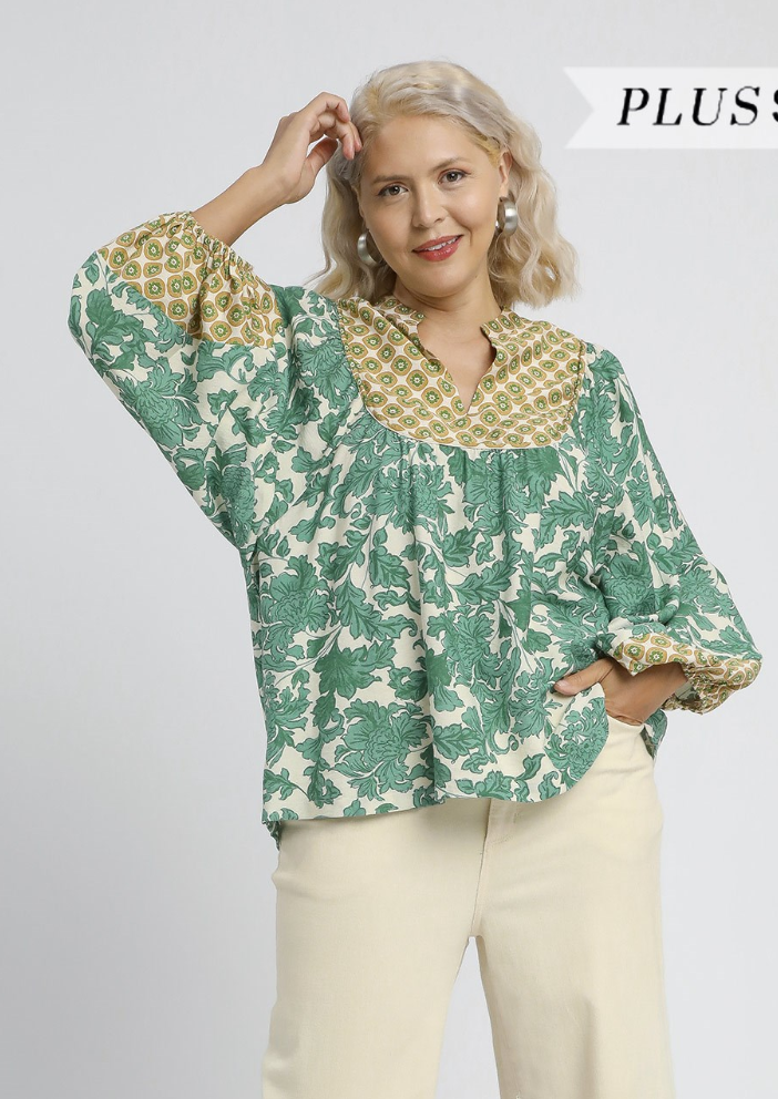 Abstract Print Long Sleeve Top with Rounded Yoke