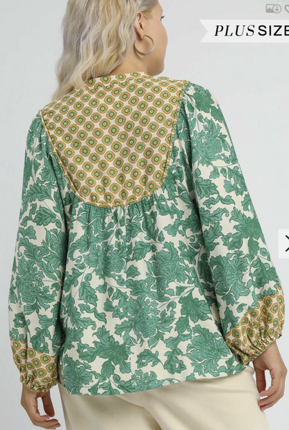 Abstract Print Long Sleeve Top with Rounded Yoke