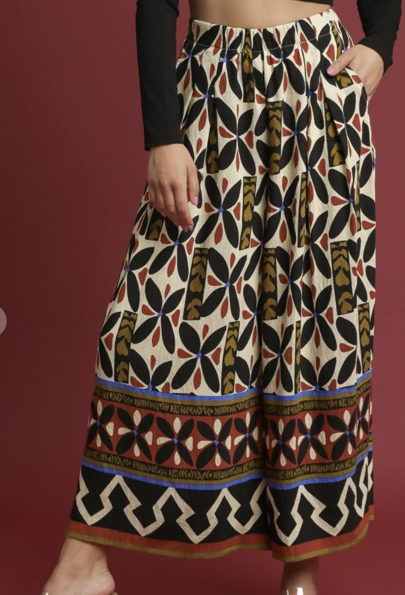 Tribal Motif Block Print Wide Leg Pants
