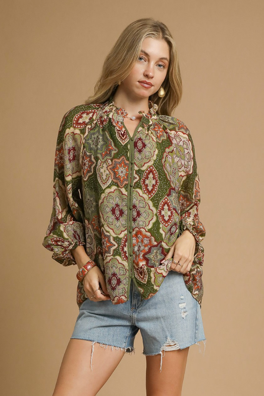 Boho Mosaic Print Button Down Blouse