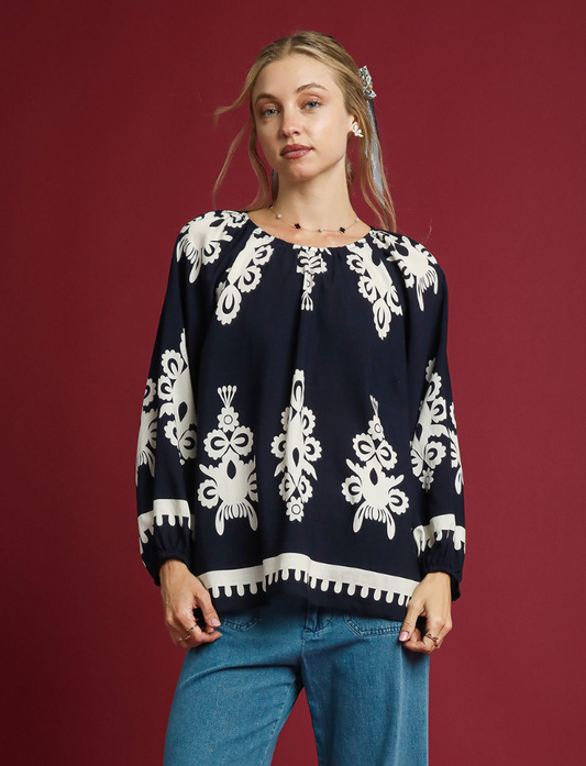 Two Tone Border Print Top