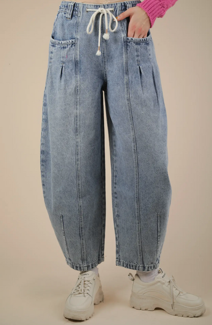 Washed Denim Barrel Leg Pants