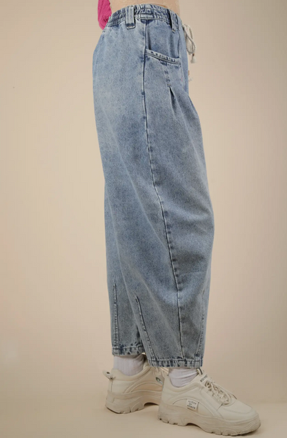 Washed Denim Barrel Leg Pants