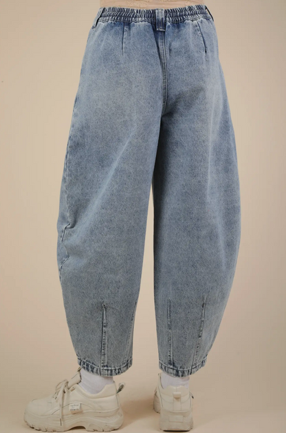Washed Denim Barrel Leg Pants