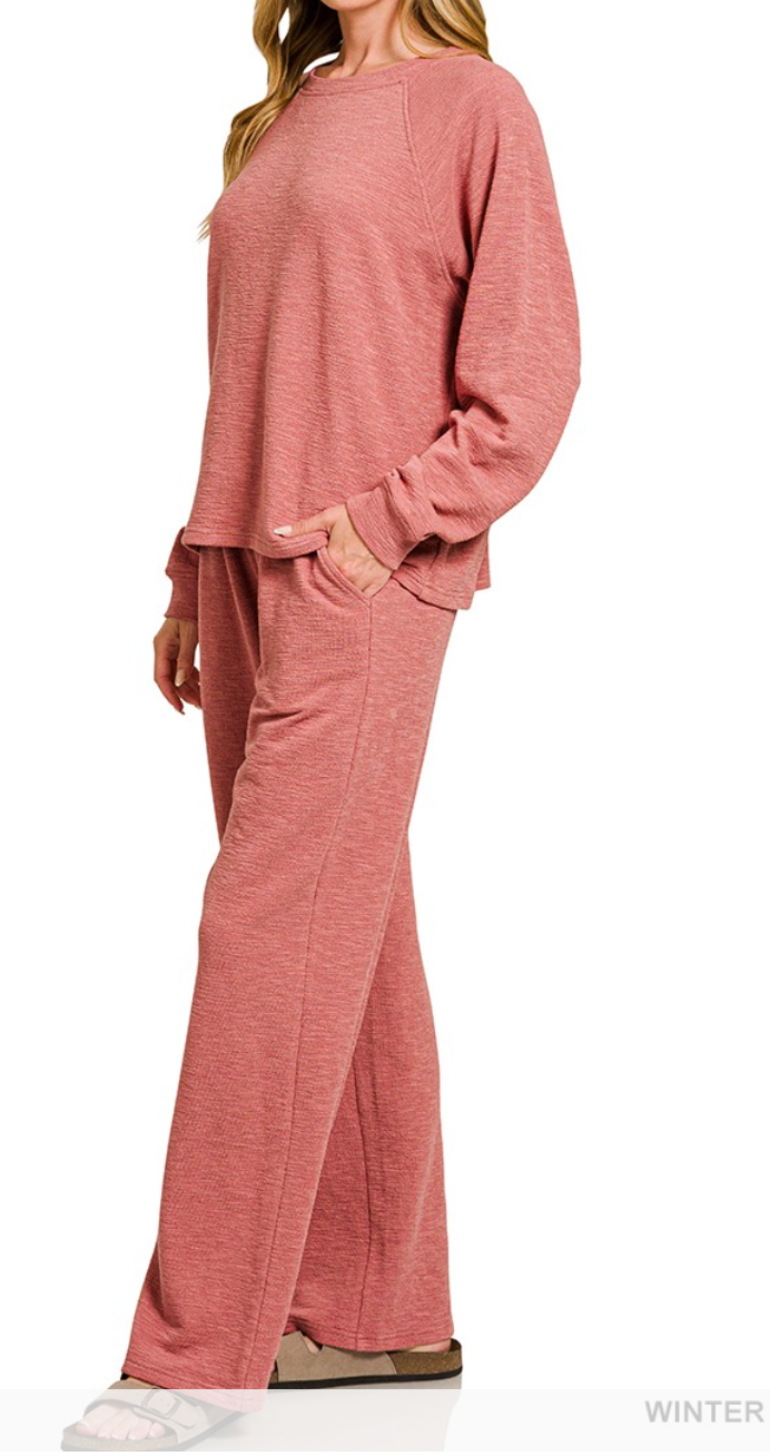 Slub Long Sleeve Top & Pants 2pcs Set