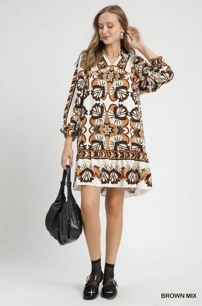 Border Print Tiered Mini Dress