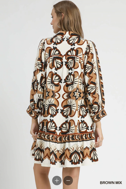 Border Print Tiered Mini Dress