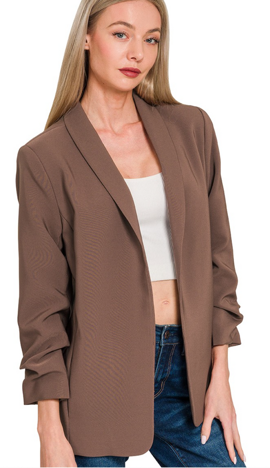 Woven 3/4 Ruched Sleeve Open Front Classic Blazer