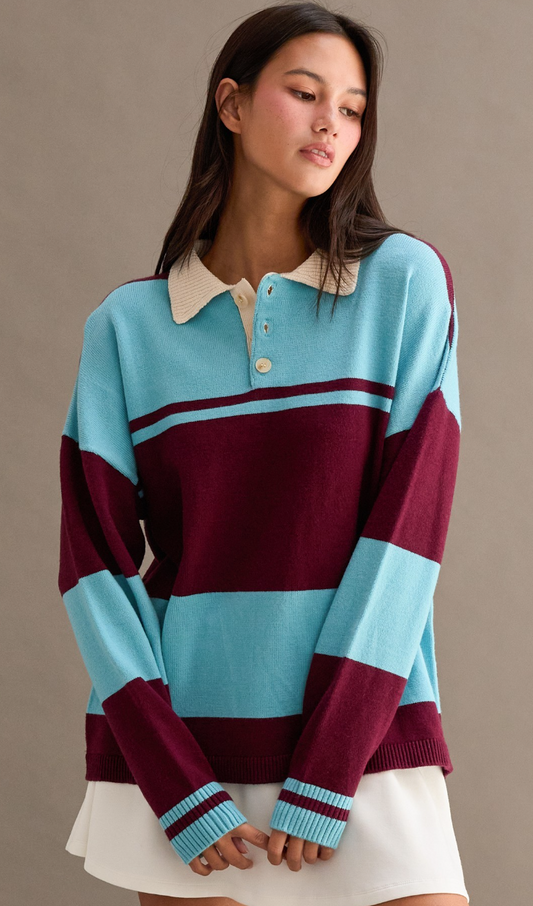 Contrasting Striped Sweater With Polo Collar