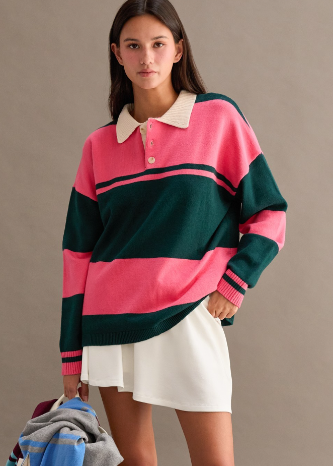 Contrasting Striped Sweater With Polo Collar