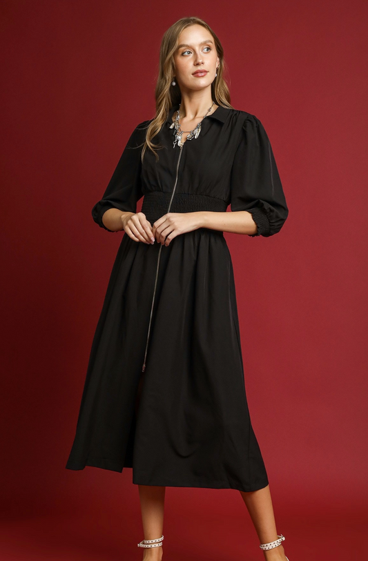 Smocked Waist Midi Dress with Front Zipper