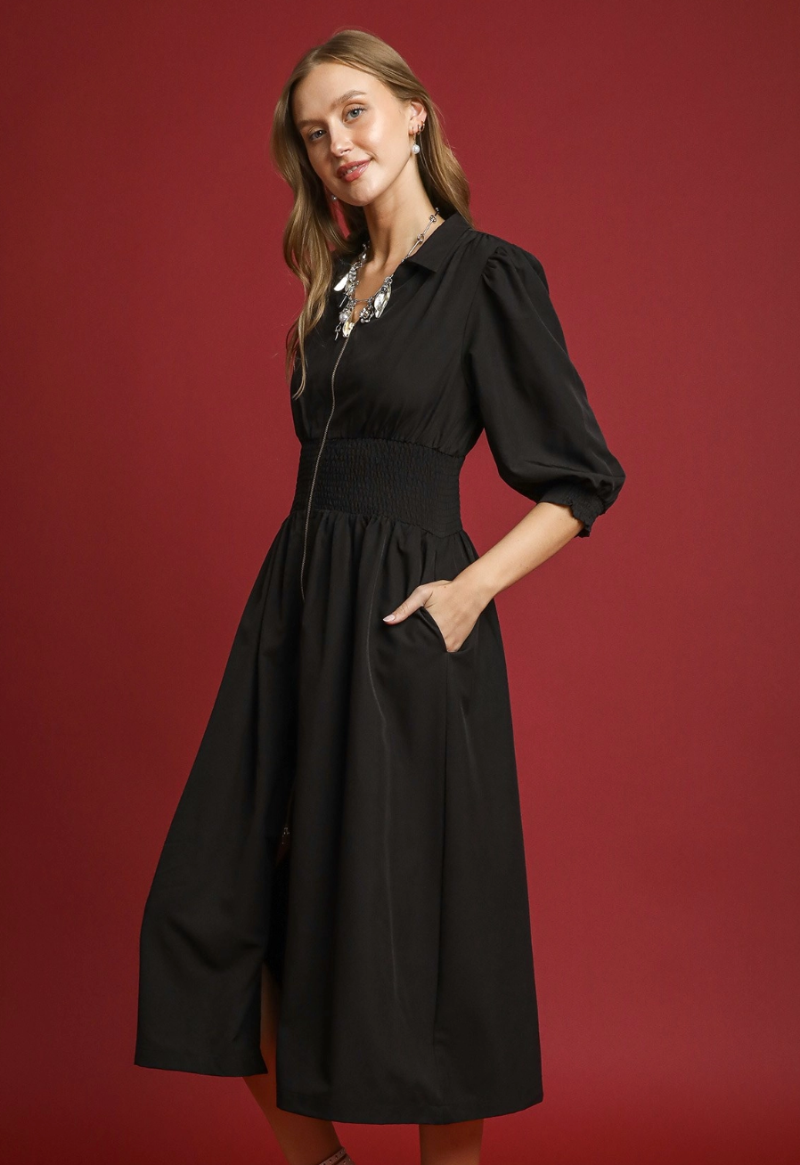 Smocked Waist Midi Dress with Front Zipper