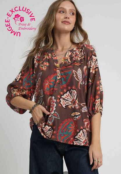 Boho Paisley Puff Sleeve Blouse
