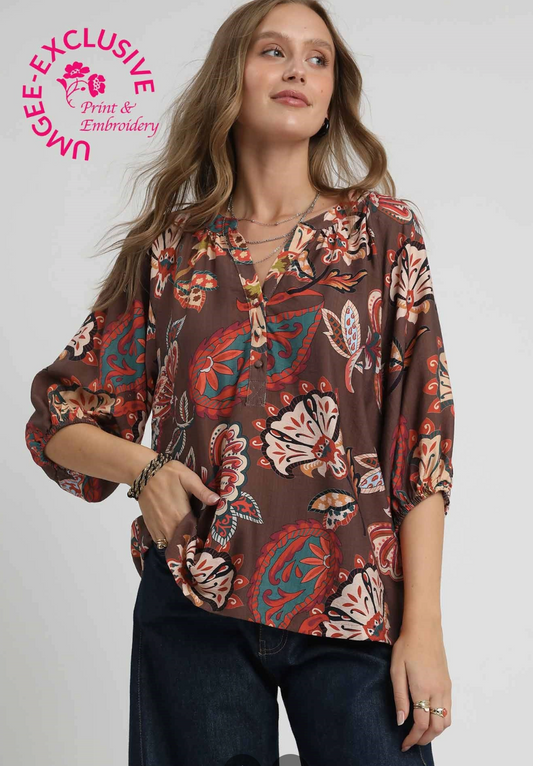 Boho Paisley Puff Sleeve Blouse