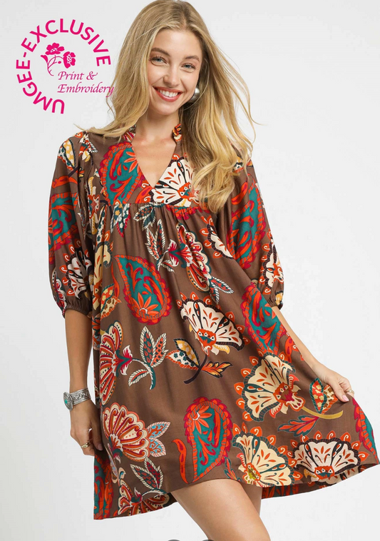 Abstract Print Puff Sleeve Babydoll Dress