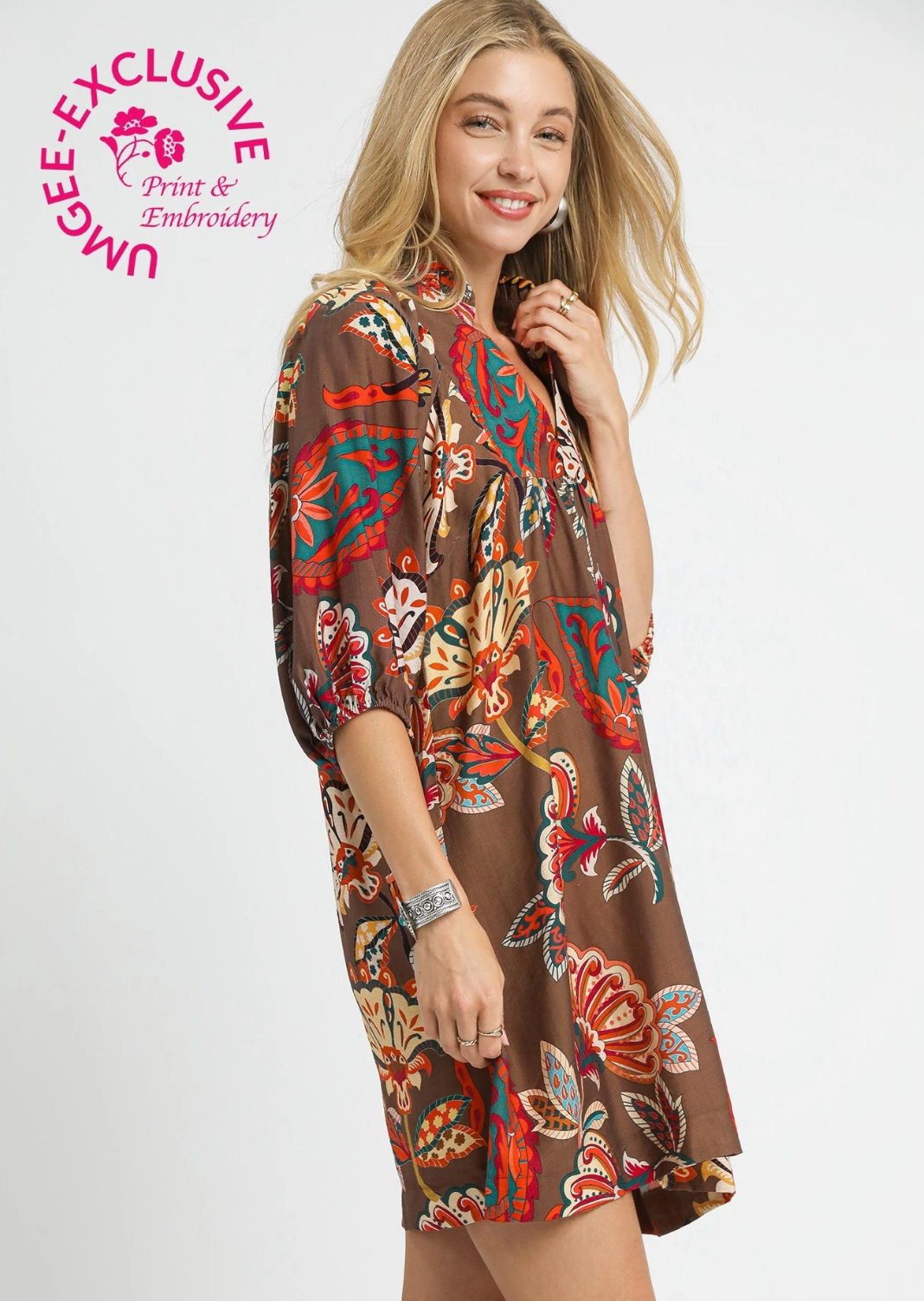 Abstract Print Puff Sleeve Babydoll Dress