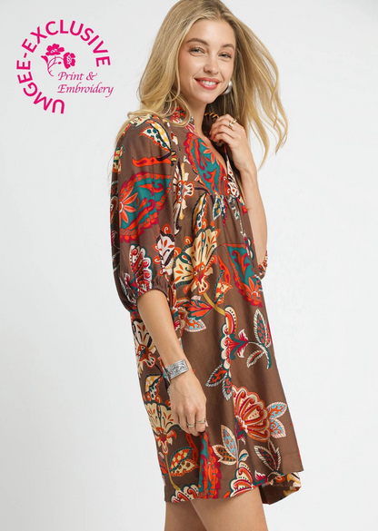 Abstract Print Puff Sleeve Babydoll Dress